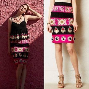 Anthropologie Leifsdottir Black and Pink Embroidered Pencil Skirt